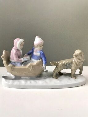 Vintage Paul Sebastian Sleigh Ride Porcelain Figurine Dog Kids Sled By Meico